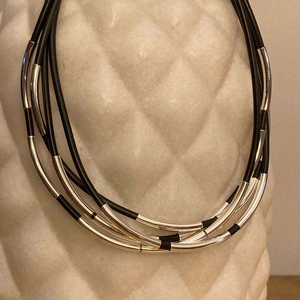 RLM Studio by Robert Lee Morris Sterling and Black Leather Multi-Cord Ne…